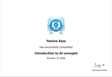 Modul abgeschlossen von Microsoft Learn: Introduction to AI concepts, ausgestellt auf Yassine Azza