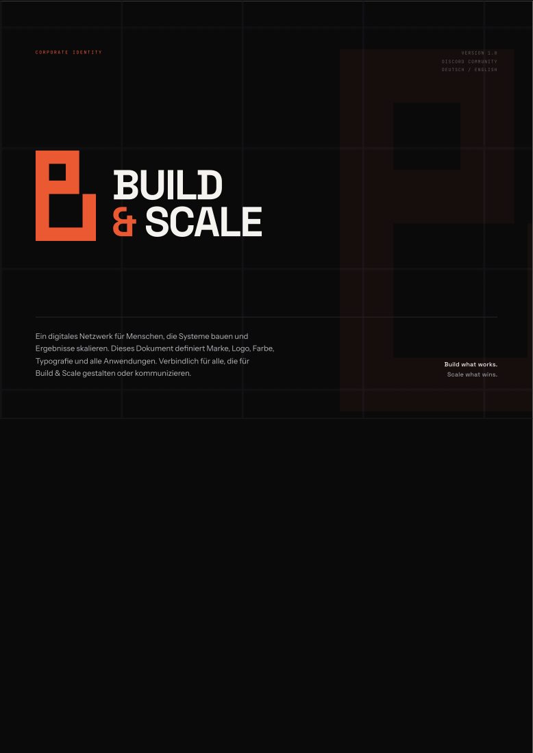 Titelseite der Corporate Identity von Build & Scale, entwickelt von 100and10