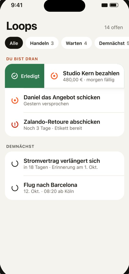 DO IT: Übersicht offener Dinge, getrennt nach Handeln und Warten